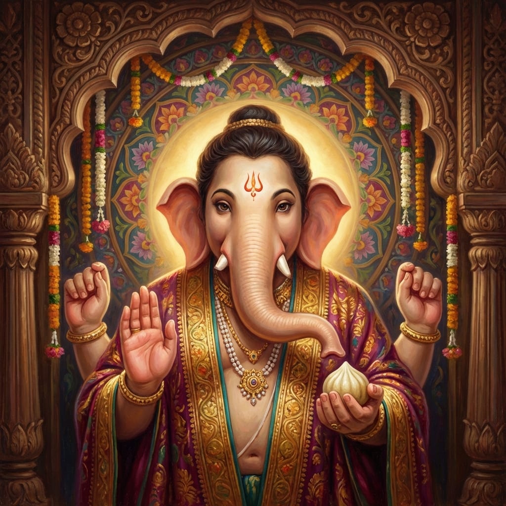 A devotional portrait of Lord Ganesha within an ornate temple shrine