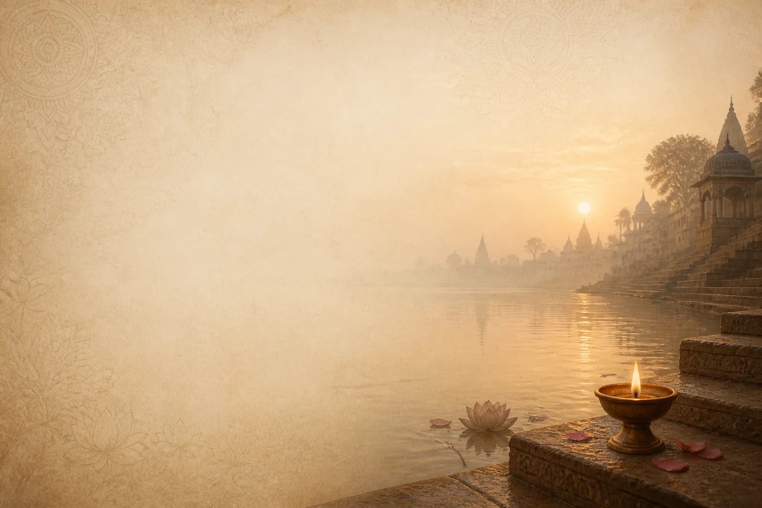 A peaceful sacred riverside at dawn with a glowing diya